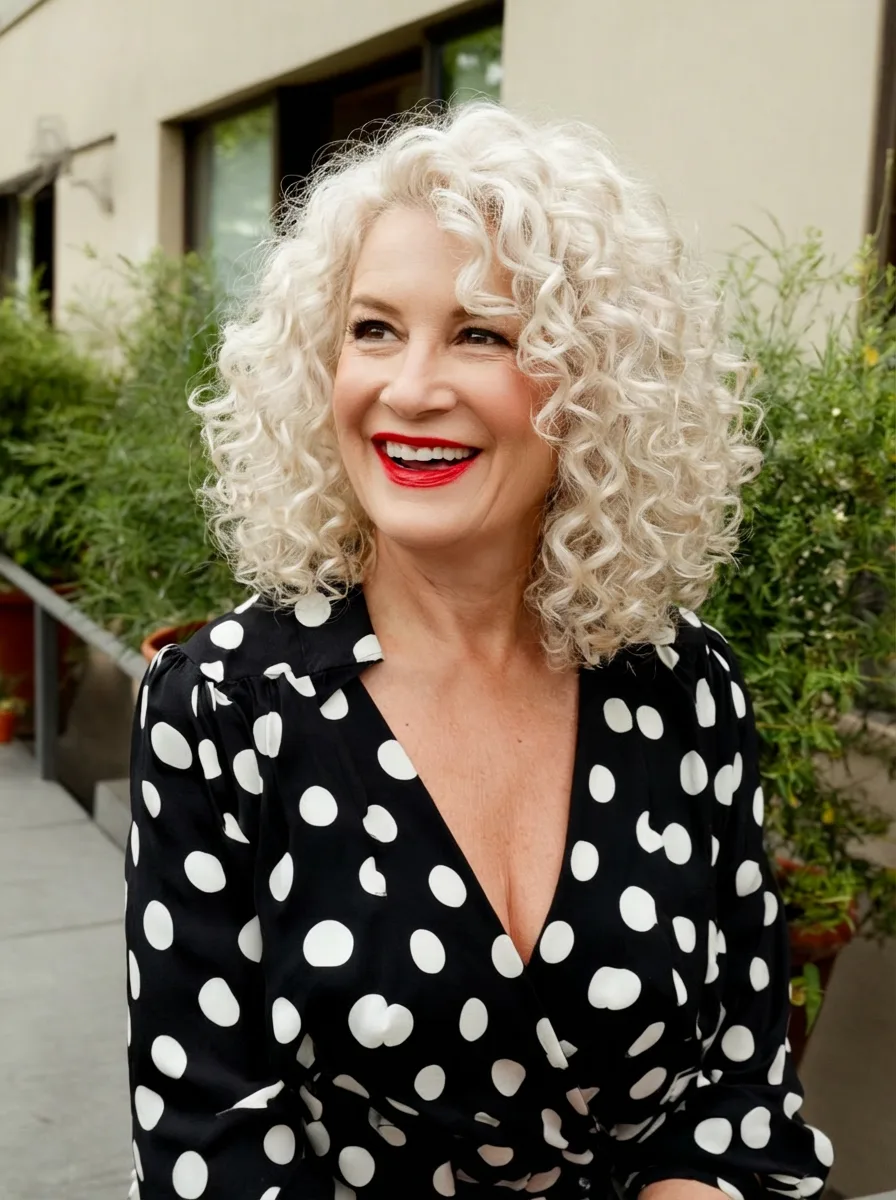 Curly Layered Medium Cut with Silky Silver Frost Curls
